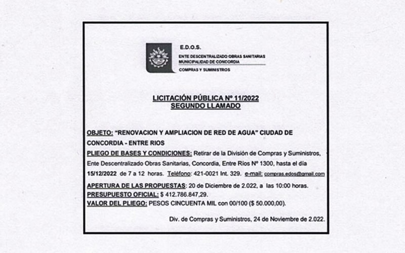 El EDOS llama por segunda vez la licitación para la «Renovación y ampliación de Red de Agua»