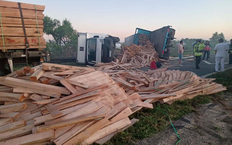 Camión cargado de madera protagonizó un siniestro en Ruta 12 que involucró a otros vehículos