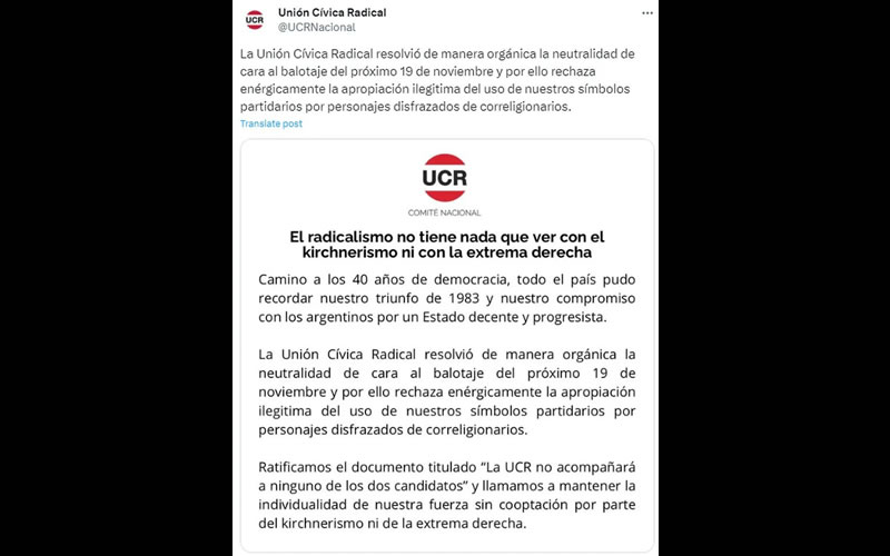 Ratificaron su decisión: La UCR no apoyará a ningún candidato en el balotaje