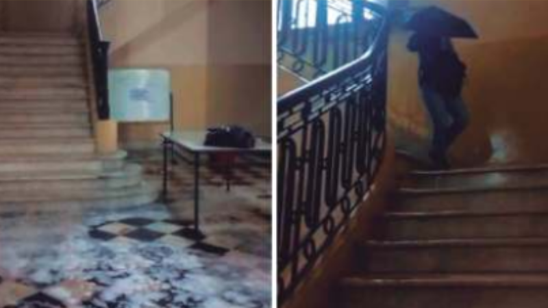 Con escaleras que parecían cataratas y gente usando paraguas, la Escuela Normal sufrió grandes problemas por las lluvias caídas en Concordia