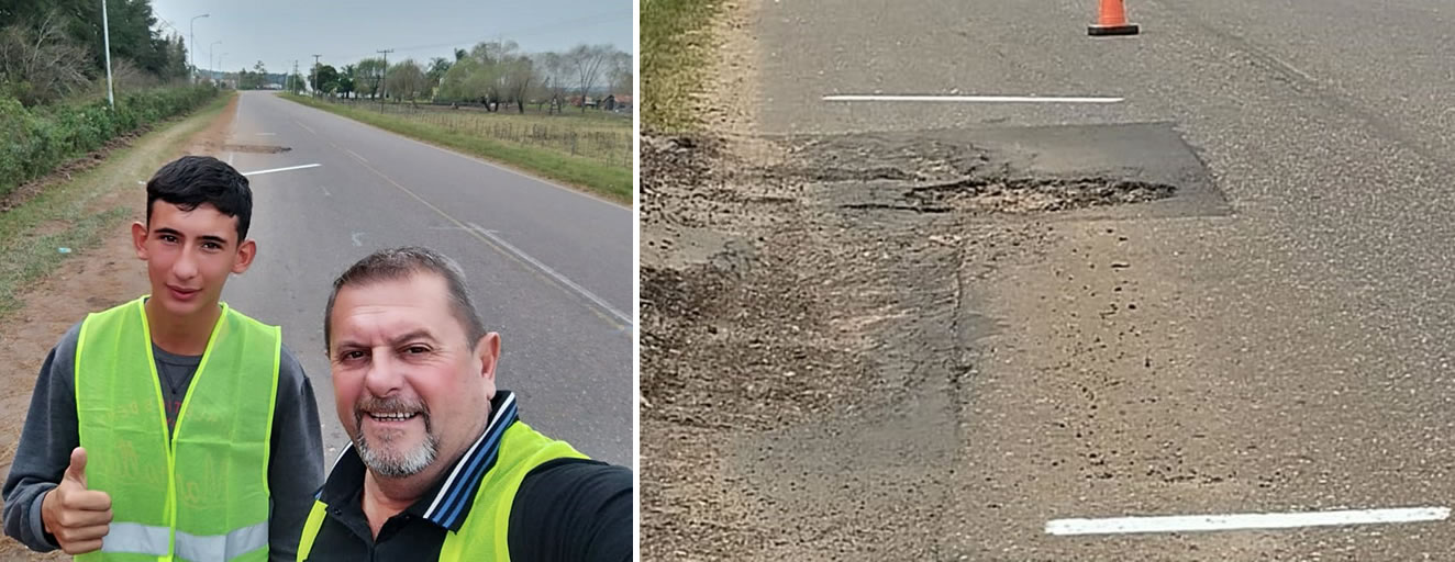 Un conductor se tomó el trabajo de señalizar con pintura los baches peligrosos de la Ruta 4