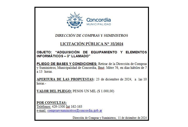 Municipalidad de Concordia – Dirección de Compras y Suministros – Licitación Pública Nº 35/2024