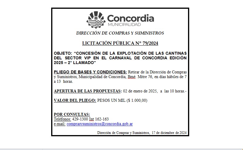 Municipalidad de Concordia – Dirección de Compras y Suministros – Licitación Pública Nº 79/2024
