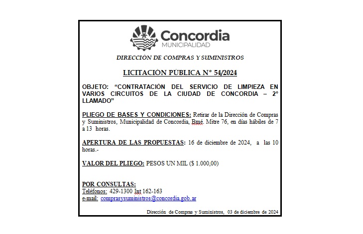Municipalidad de Concordia – Dirección de Compras y Suministros – Licitación Pública Nº 54/2024