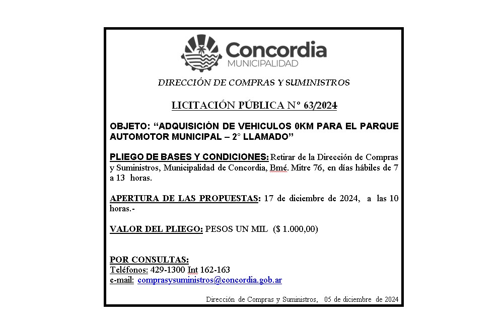 Municipalidad de Concordia – Dirección de Compras y Suministros – Licitación Pública Nº 63/2024