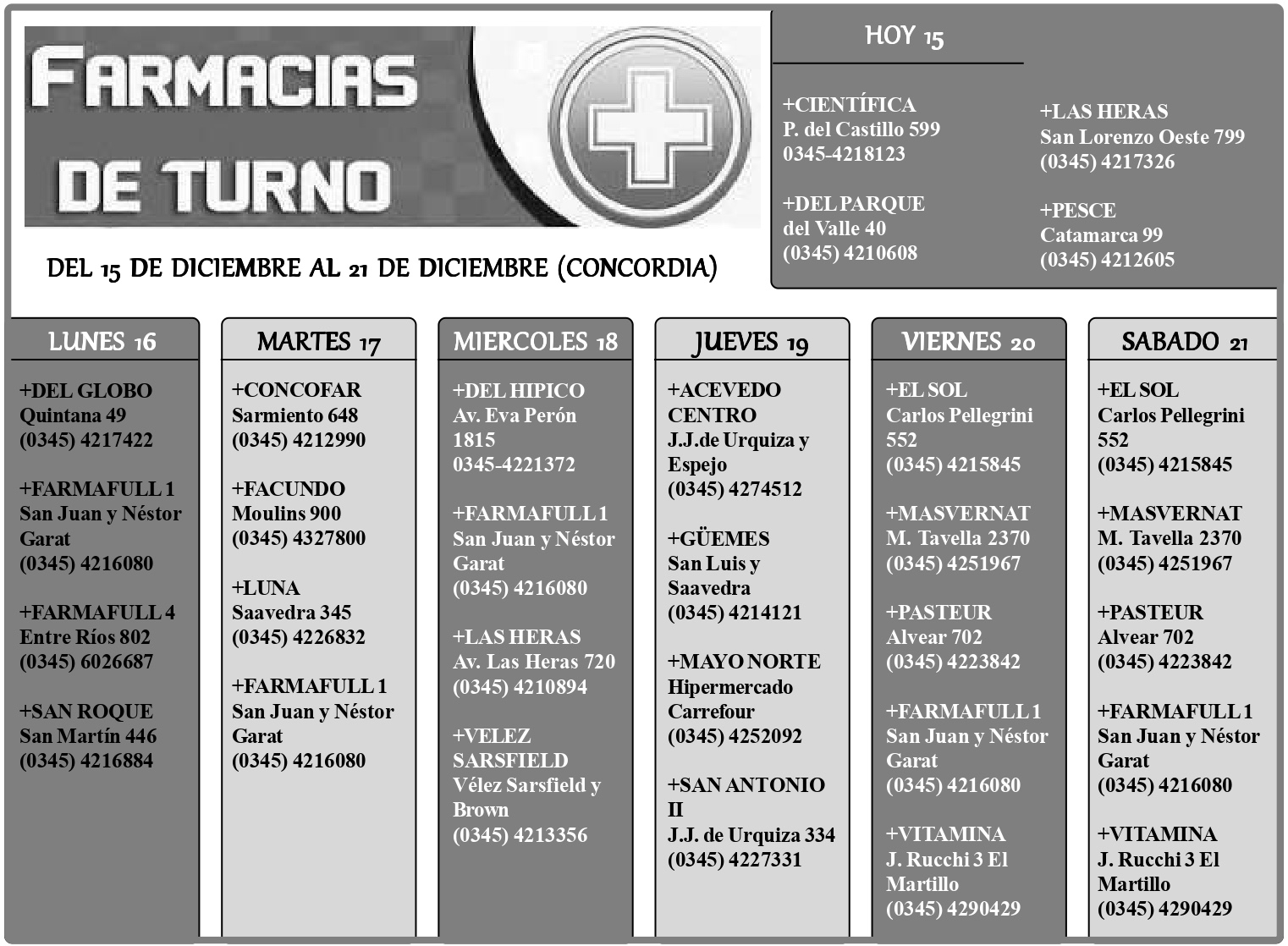 Farmacias de Turno del 15 de diciembre al 21 de diciembre