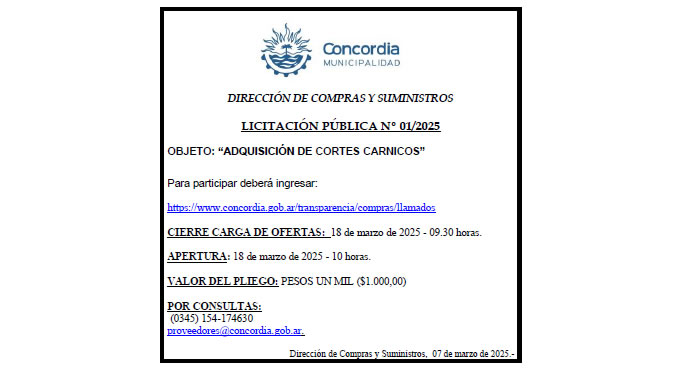 Municipalidad de Concordia – Dirección de Compras y Suministros – Licitación Pública no 01/2025