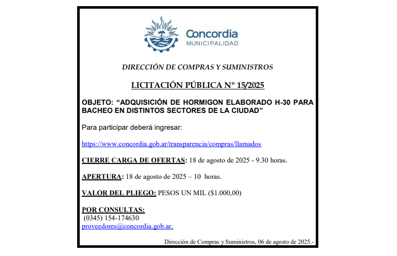 Municipalidad de Concordia – Dirección de Compras y Suministros – Licitación Pública N° 15/2025