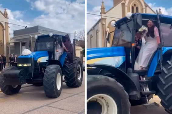 Recién casados en tractor sorprendieron a todo Seguí con una salida inolvidable