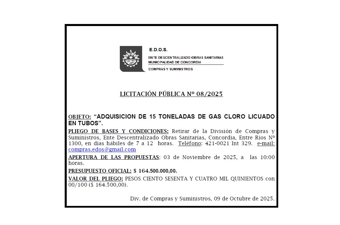 Ente Descentralizado Obras Sanitarias Municipalidad de Concordia – Licitación Pública Nº 08/2025