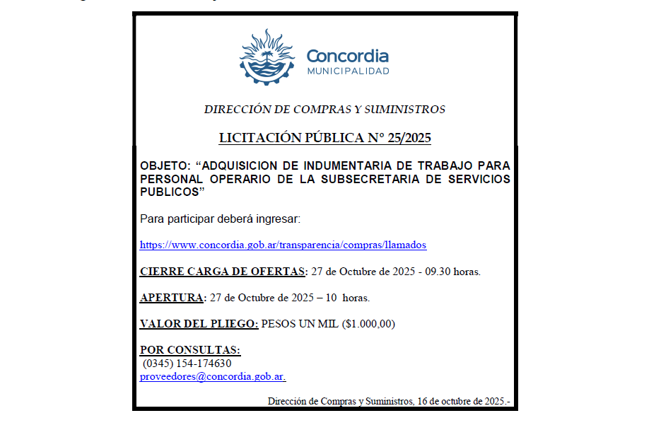 Municipalidad de Concordia – Dirección de Compras y Suministros – Licitación Pública Nº 25/2025