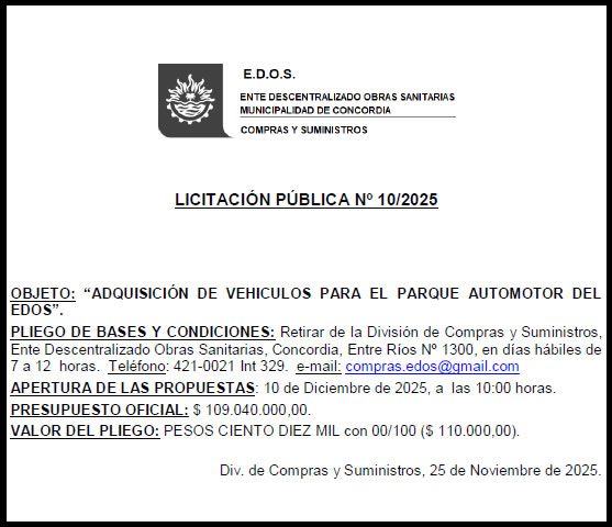 Licitación Pública EDOS N°10/2025 “ADQUISICIÓN DE VEHICULOS PARA EL PARQUE AUTOMOTOR DEL EDOS”