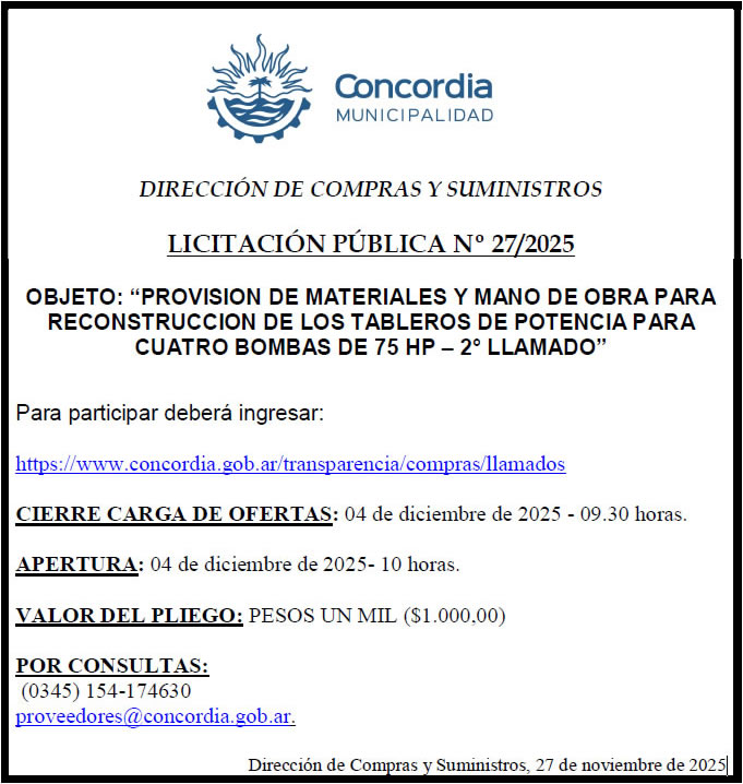 Municipalidad de Concordia – Dirección de Compras y Suministros – Licitación Pública Nº 27/2025
