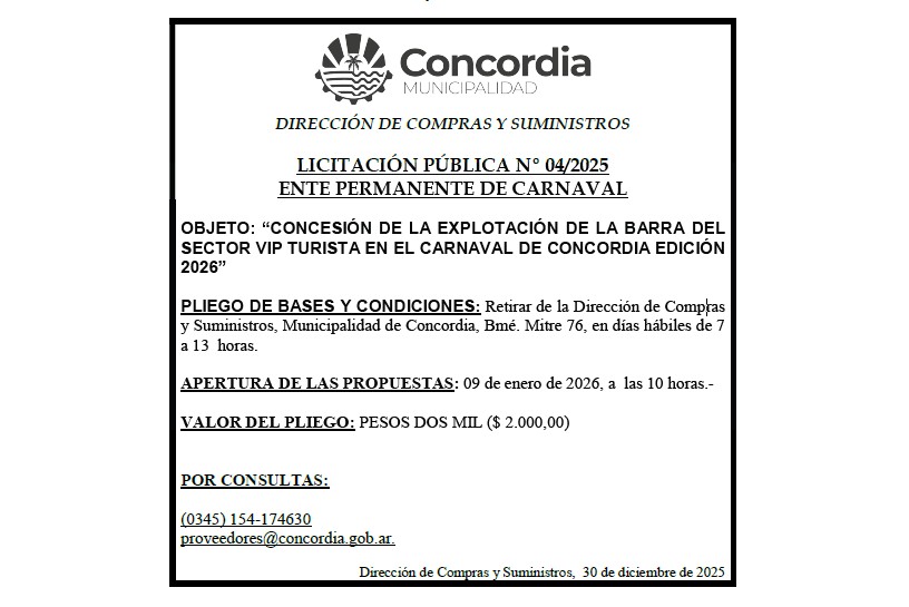 Municipalidad de Concordia – Dirección de Compras y Suministros – Licitación Pública Nº 04/2025 – Ente Permanente de Carnaval