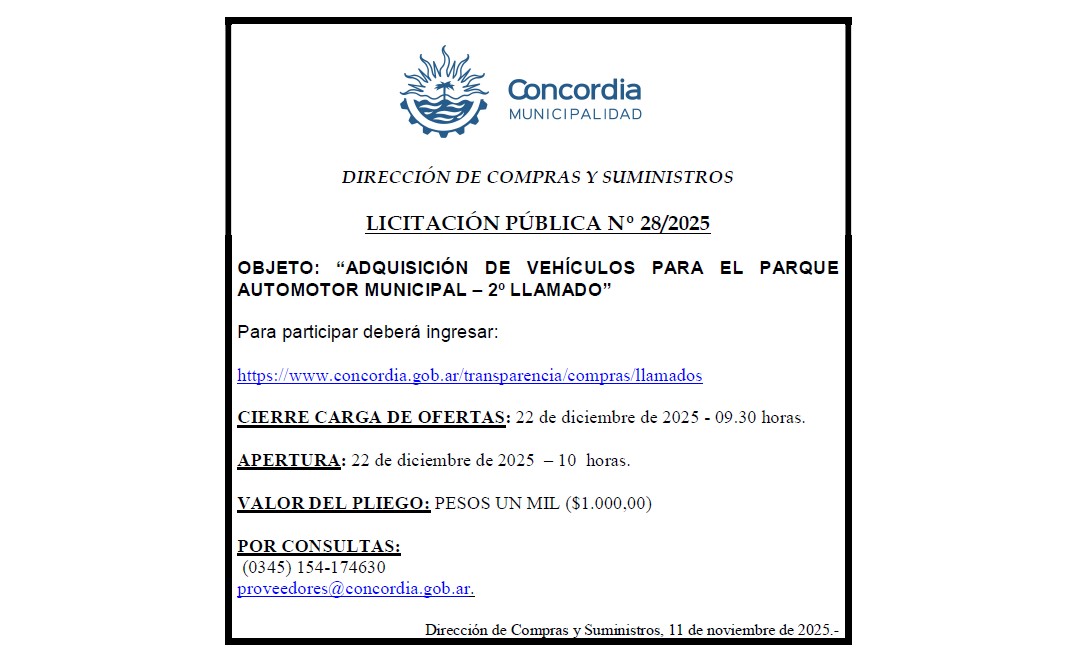 Licitacion Pública N° 28/25 – 2° llamado – Municiaplidad de Concordia – Dirección de Compras y Suministros