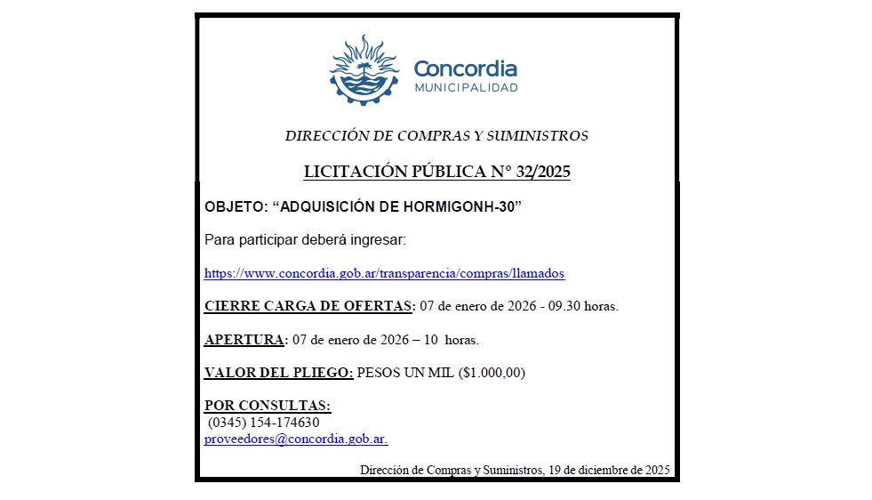 Municipalidad de Concordia – Dirección de Compras y Suministros -Licitación Pública N° 32/2025