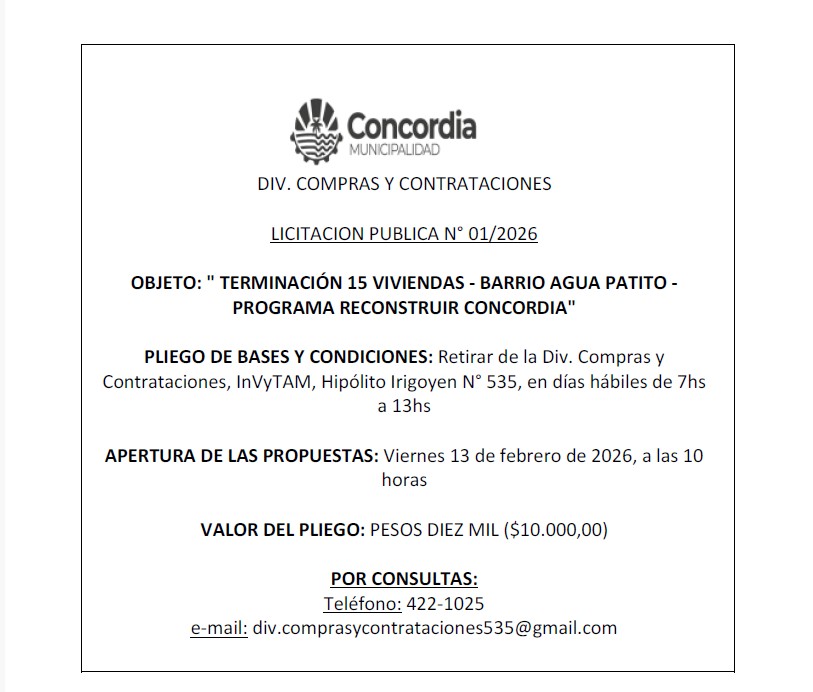 Municipalidad de Concordia  – Div. Compras y Contrataciones – Licitación Publica N° 01/2026