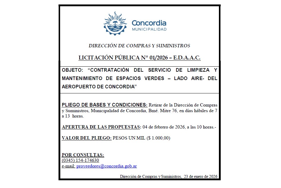 Municipalidad de Concordia – Dirección de Compras y Suministros – Licitación Pública Nº 01/2026 – E.D.A.A.C.