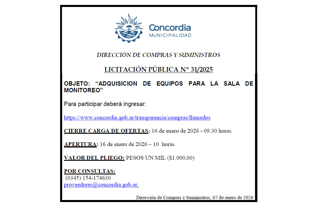 Municipalidad de Concordia – Dirección de Compras y Suministros – Licitación Pública Nº 31/2025