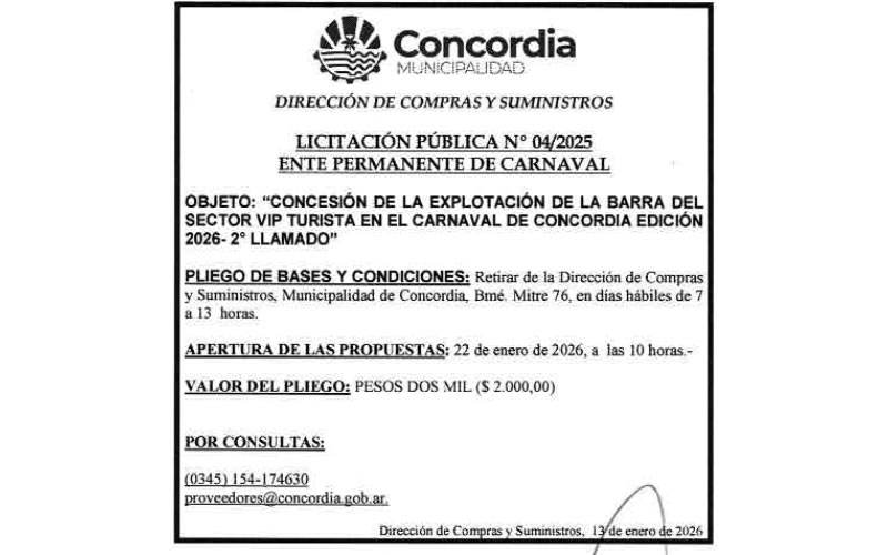 Municipalidad de Concordia – Dirección de Compras y Suministros – Licitación Pública Nº 04/25