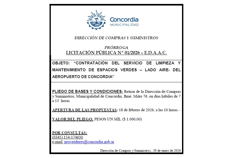 Municipalidad de Concordia – Dirección de Compras y Suministros –  Prórroga – Licitación Pública  Nº 01/2026 – E.D.A.A.C.