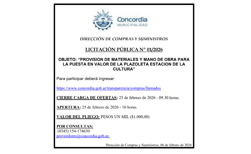 Municipalidad de Concordia – Dirección de Compras y Suministros – Licitación Pública N° 01/2026