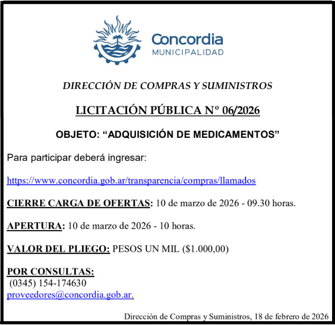 Municipalidad de Concordia – Dirección de Compras y Suministros – Licitación Pública N° 06/2026
