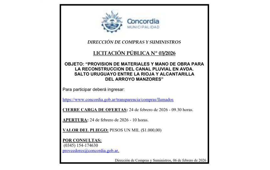 Municipalidad de Concordia – Dirección de Compras y Suministros – Licitación Pública N° 03/2026