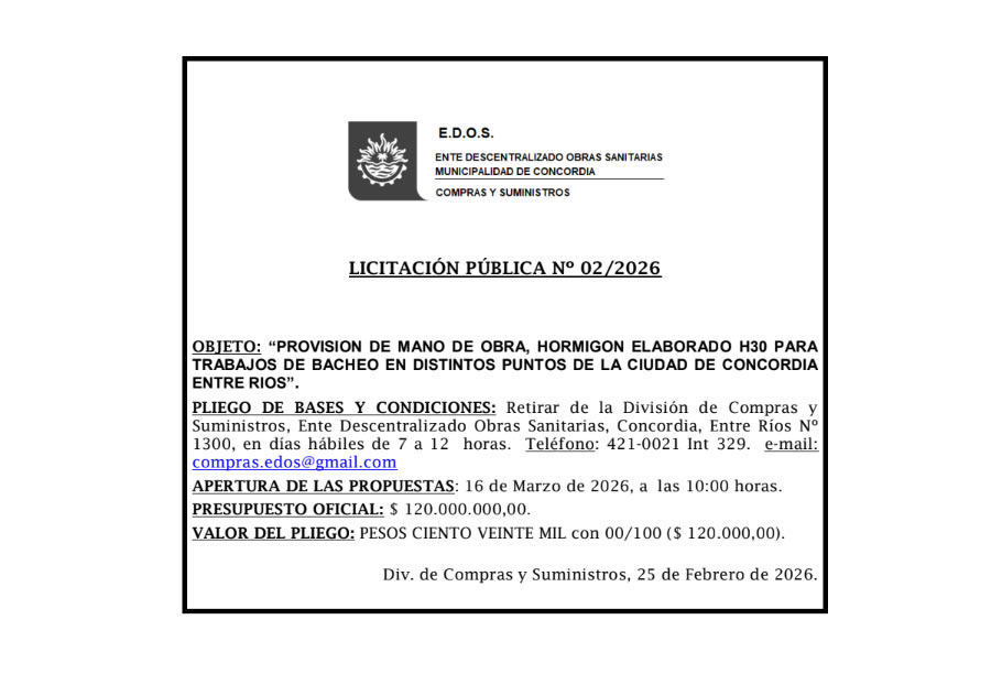 Ente Descentralizado Obras Sanitarias – Compras y Suministros – Licitación Pública N° 02/2026