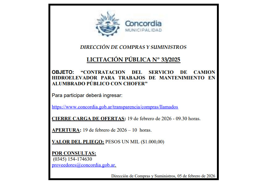 Municipalidad de Concordia – Dirección de Compras y Suministros – Licitación Pública Nº 33/2025