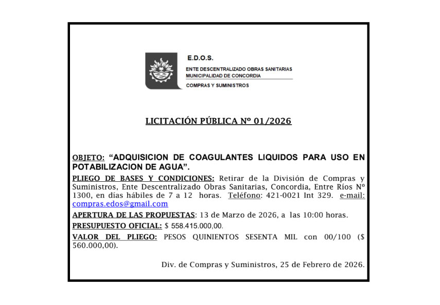 Ente Descentralizado Obras Sanitarias – Compras y Suministros – Licitación Pública N° 01/2026