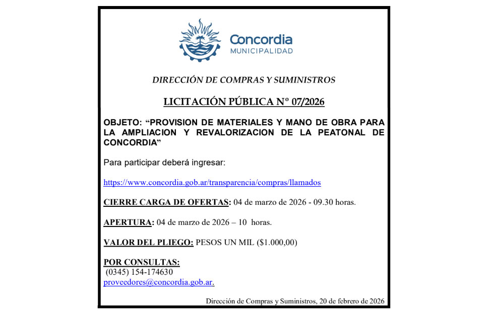 Municipalidad de Concordia – Dirección de Compras y Suministros – Licitación Pública N° 07/2026