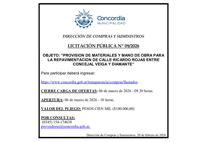 Municipalidad de Concordia –  Dirección de Compras y Suministros – Licitación Pública N° 09/2026