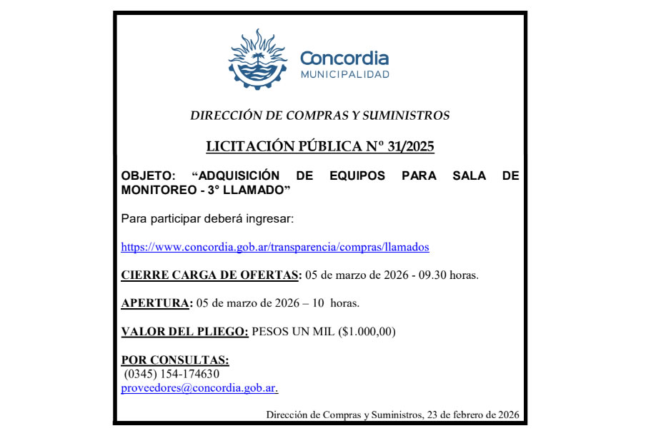 Municipalidad de Concordia – Dirección de Compras y Suministros – Licitación Pública N° 31/2025