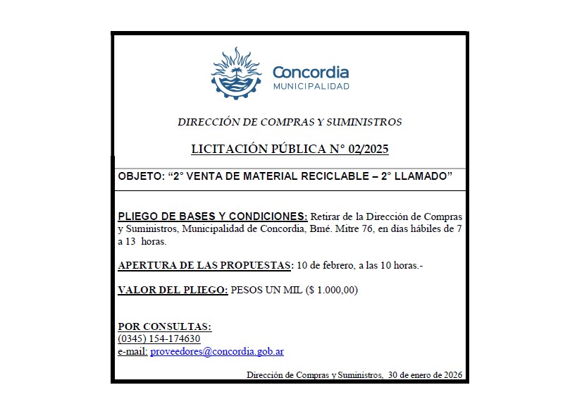 Municipalidad de Concordia – Dirección de Compras y Suministros – Licitación Pública N° 02/2025