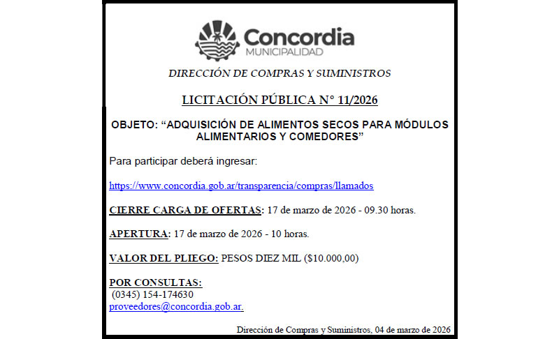 Municipalidad de Concordia – DIRECCIÓN DE COMPRAS Y SUMINISTROS – LICITACIÓN PÚBLICA Nº 11/2026