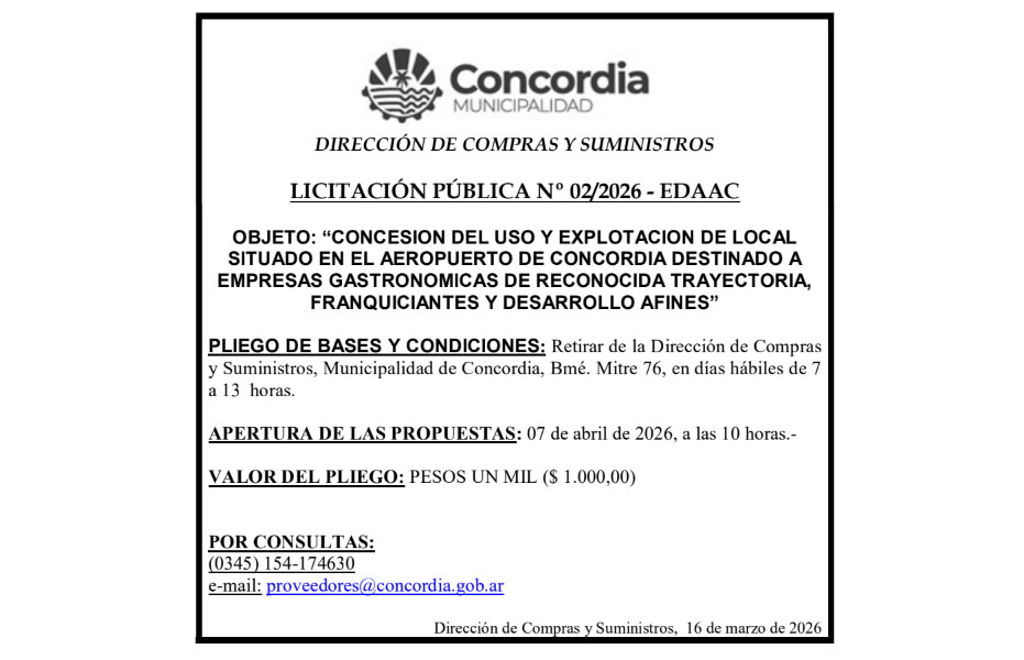 Municipalidad de Concordia  – Dirección de Compras y Suministros – Licitación Pública N° 02/2026 – EDAAC