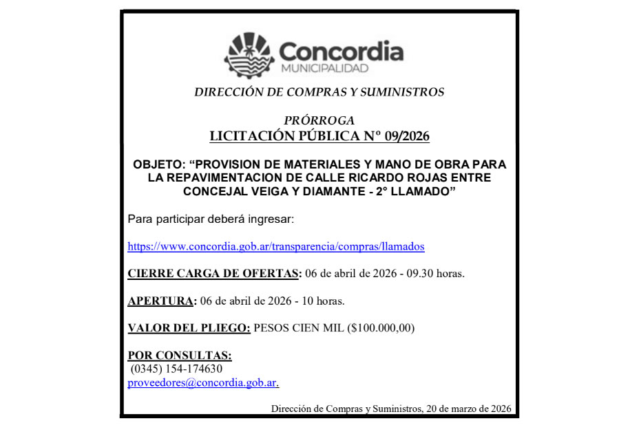 Municipalidad de Concordia  – Dirección de Compras y Suministros – Prórroga Licitación Pública N° 09/2026