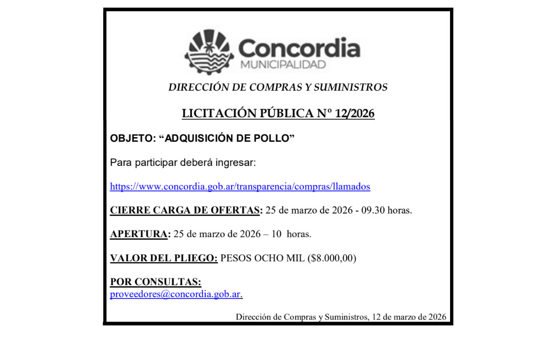 Municipalidad de Concordia – Dirección de Compras y Suministros – Licitación Pública N° 12/2026