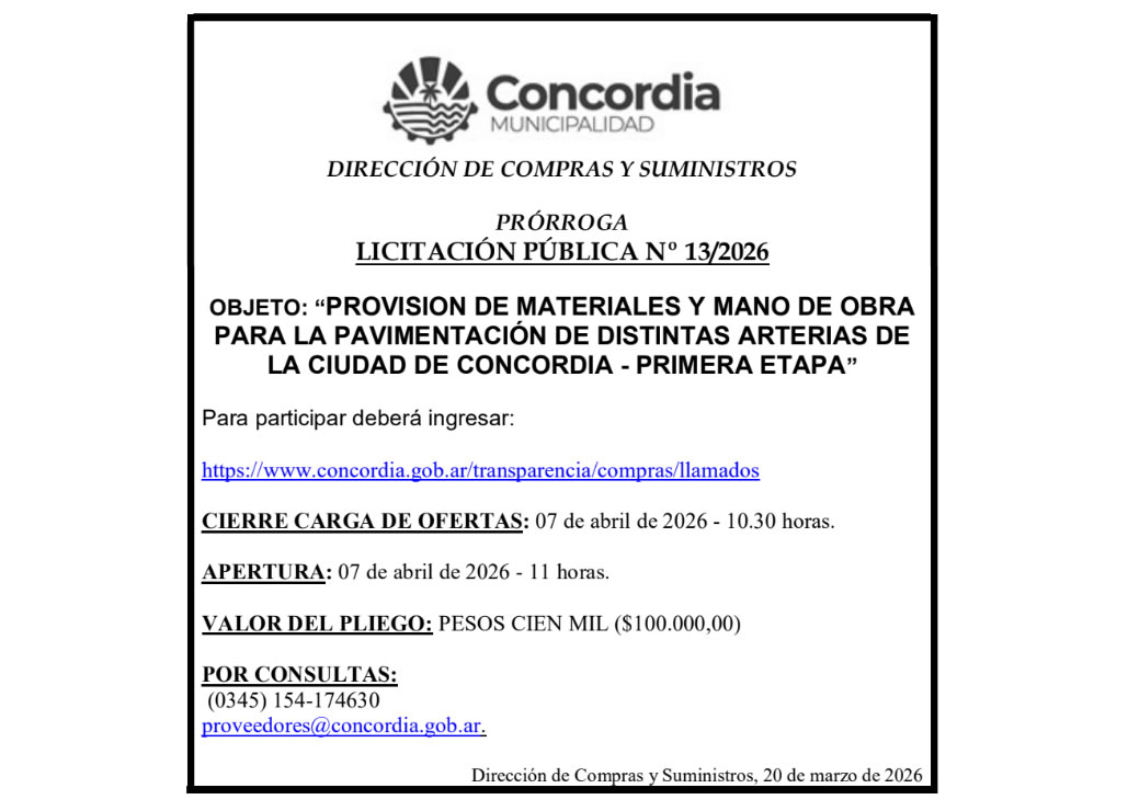 Municipalidad de Concordia – Dirección de Compras y Suministros – Prórroga Licitación Pública No 13/2026