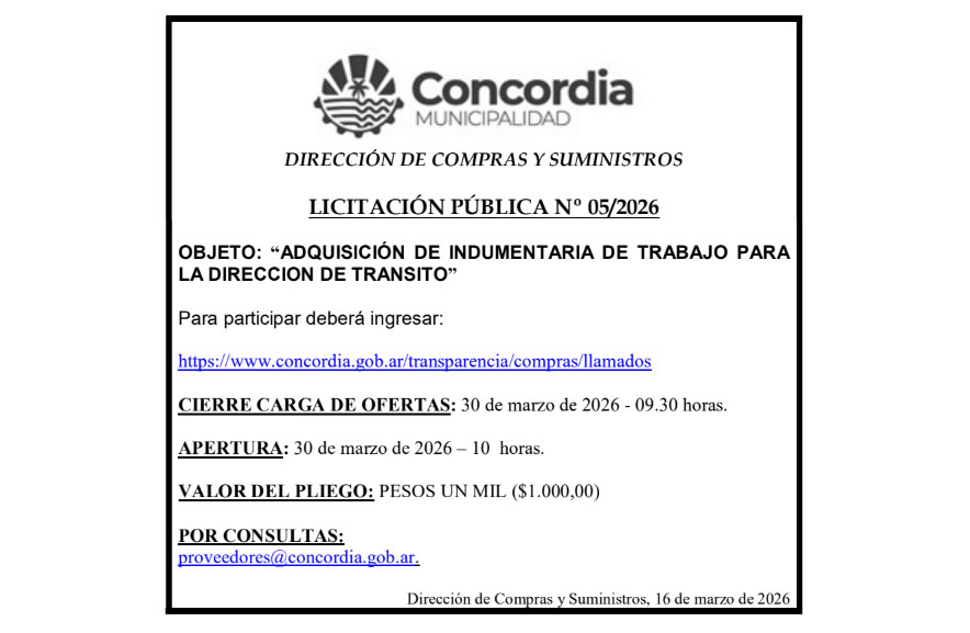 Municipalidad de Concordia – Dirección de Compras y Suministros – Licitación Pública No 05/2026