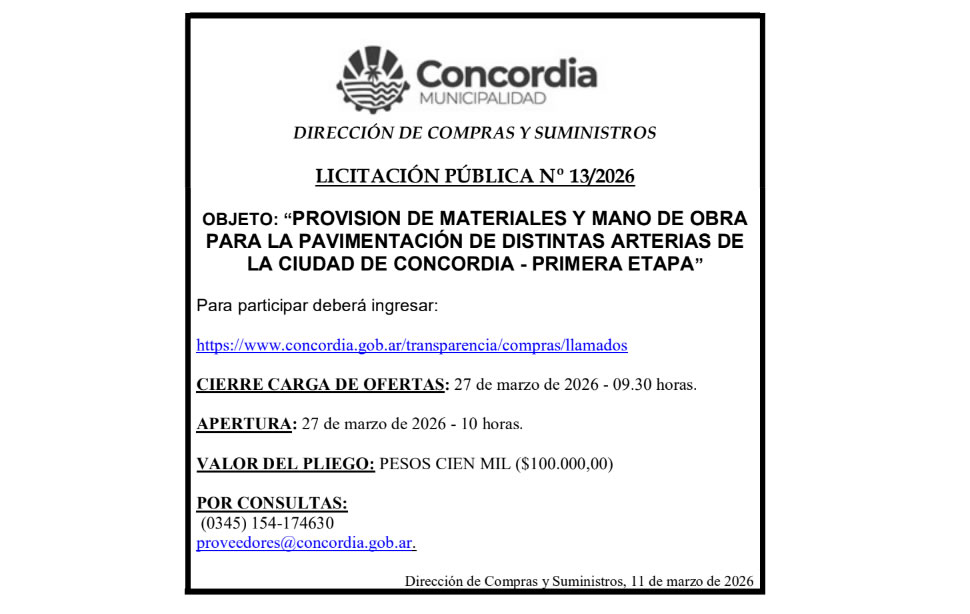 Municipalidad de Concordia – Licitación Pública N° 13/2026
