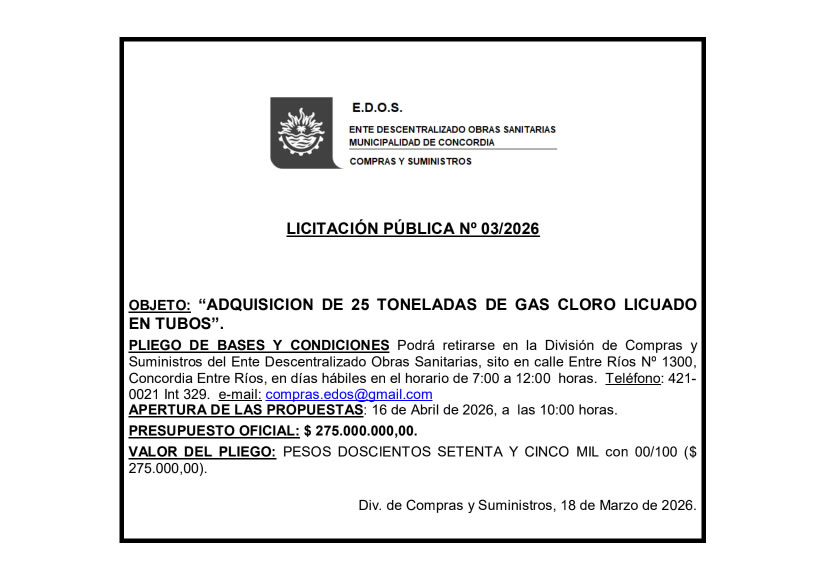 Ente Descentralizado Obras Sanitarias (E.D.O.S.)  – Municipalidad de Concordia –  Licitación Pública No 03/2026