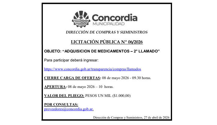 Municipalidad de Concordia – Dirección de Compras y Suministros – Licitación Pública N° 06/2026