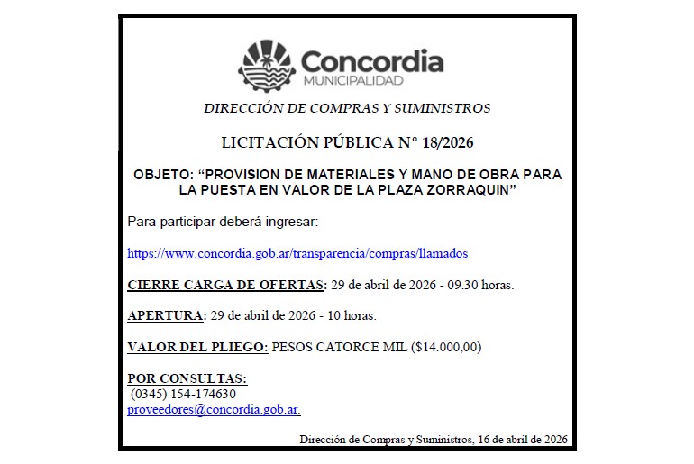 Municipalidad de Concordia – Dirección de Compras y Suministros – Licitación Pública Nº 18/2026