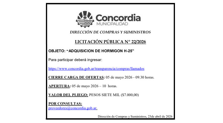 Municipalidad de Concordia – Dirección de Compras y Suministros – Licitación Pública N° 22/2026