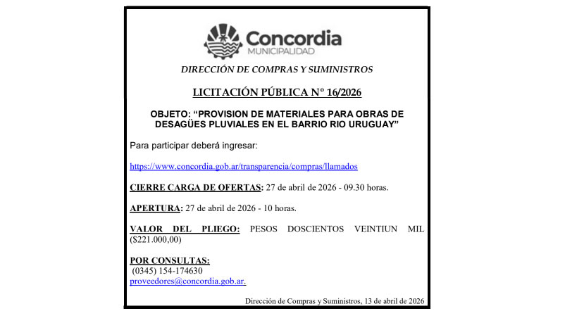 Municipalidad de Concordia – Dirección de Compras y Suministros – Licitación Pública Nº 16/2026
