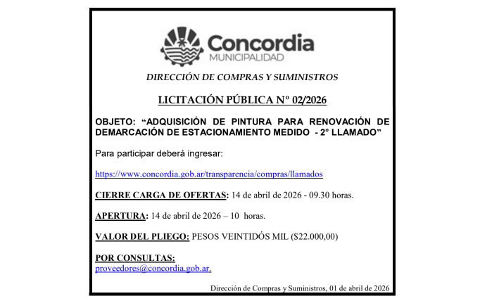 Municipalidad de Concordia – Dirección de Compras y Suministros – Licitación Pública N° 02/2026