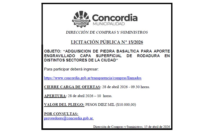 Municipalidad de Concordia – Dirección de Compras y Suministros – Licitación Pública N° 15/2026