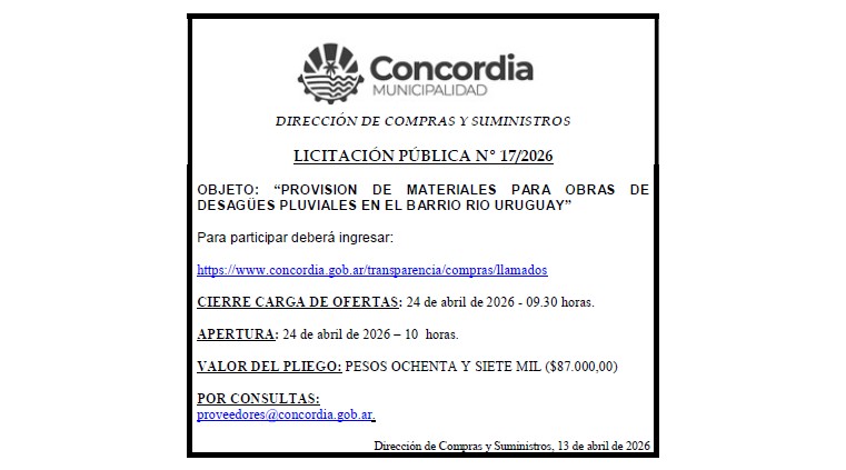 Municipalidad de Concordia – Dirección de Compras y Suministros – Licitación Pública Nº 17/2026